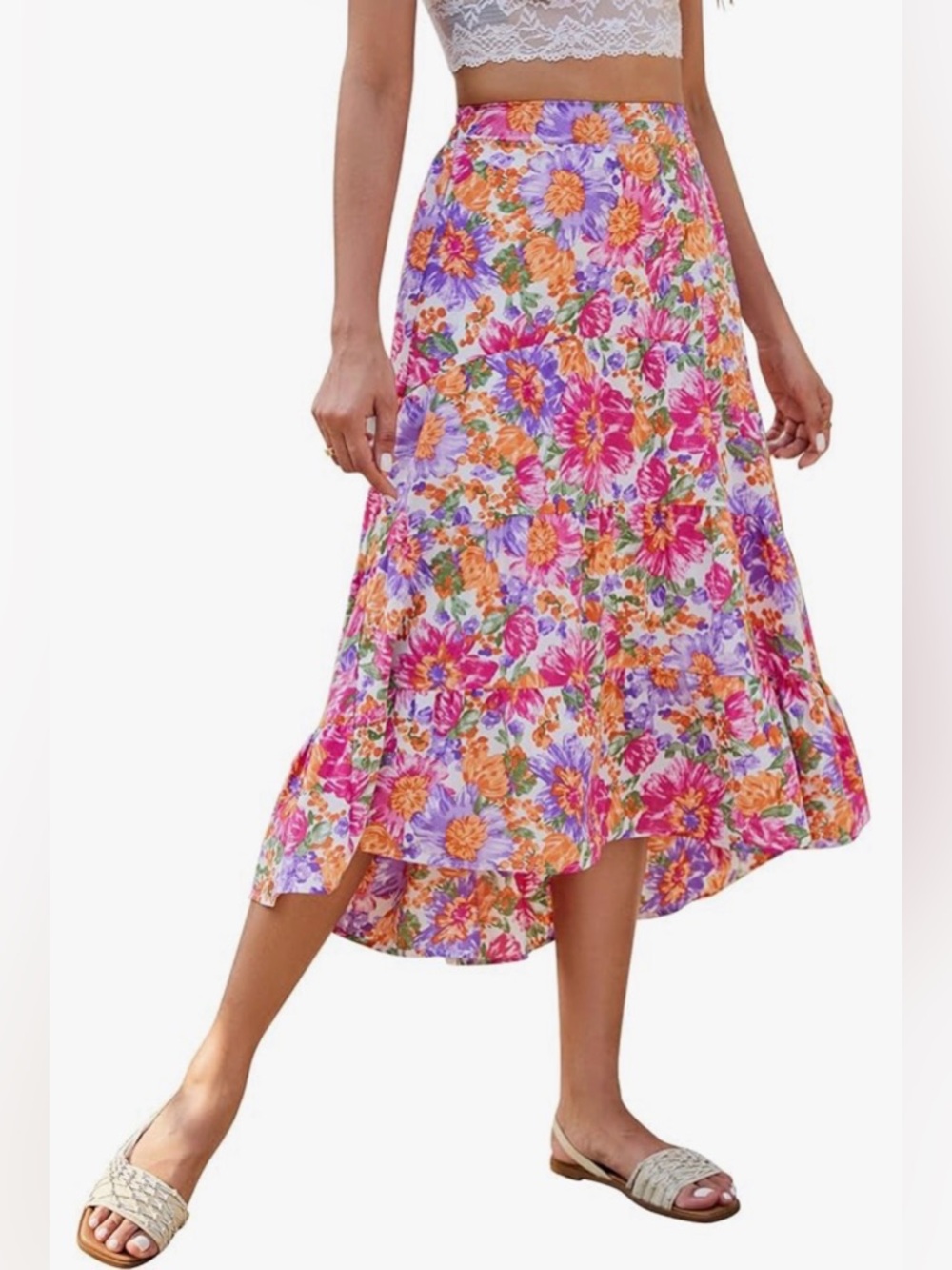 Floral Tiered Midi Skirt - Pink & Purple